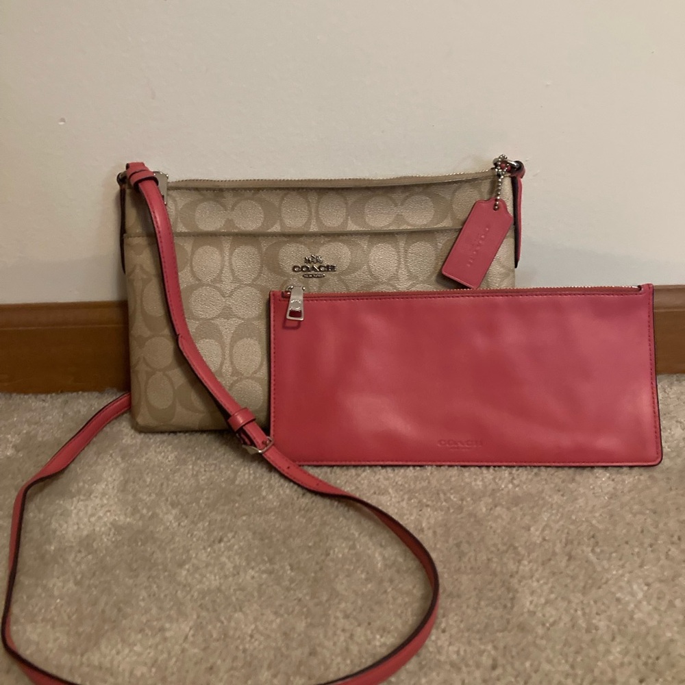 Coach Tan and Pink East/West Crossbody Bag with Pink Pouch